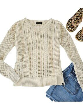 Volcom Women's Ivory Open Knit Sweater Size Small Rounded Neckline Beachy Boho